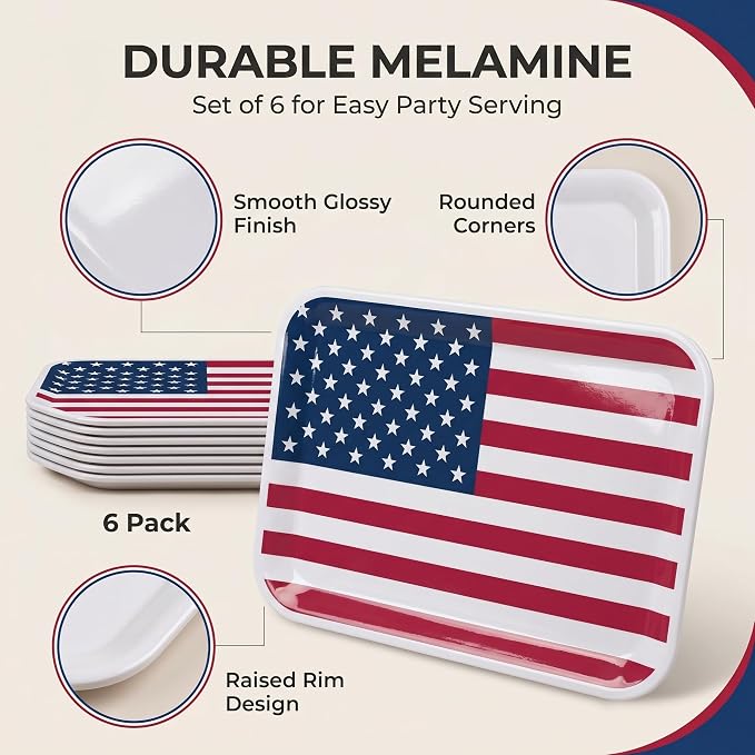 Vesici 6 Pack 4th of July Serving Trays 13x10 Inch American Flag Melamine - Image 3