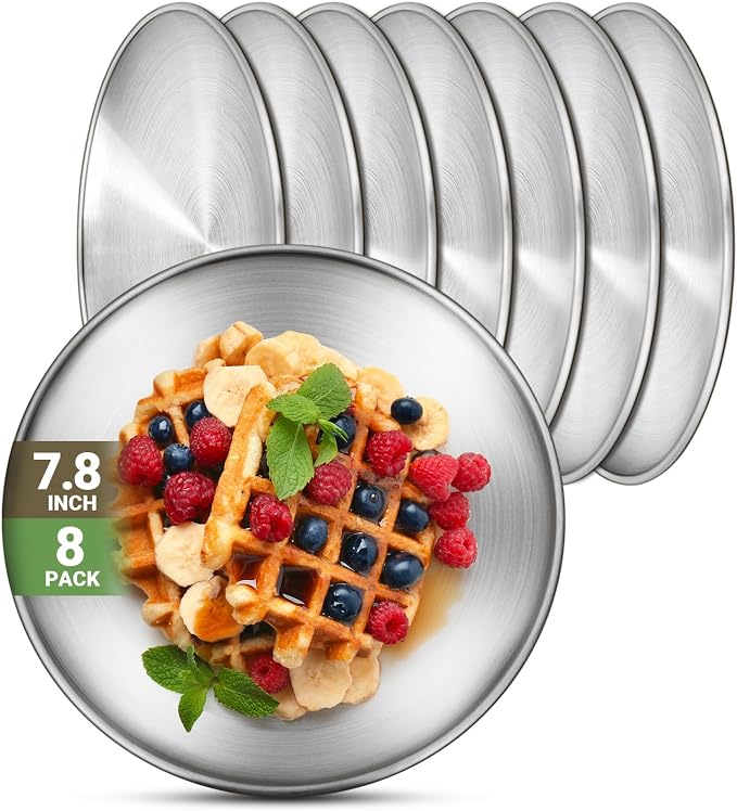 8 Stainless Steel Plates, 7.8 inch 304 Metal Camping Plate, Reusable Food by Offiper