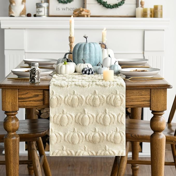 Artoid Mode Beige Soft Faux Fur Pumpkins Fall Table Runner 13x60 Inch | - Image 6