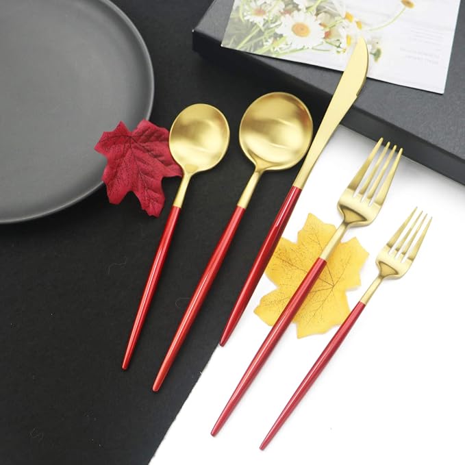JASHII Luxury 18/10 Red Handle Flatware Gold Silverware Set 304 Stainless Steel - Image 2