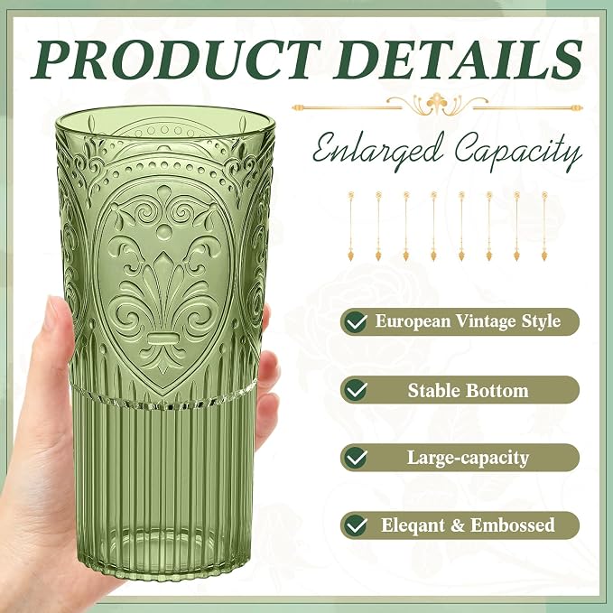 Wiwiqing 20oz Vintage Plastic Drinking Glasses Set of 24, Dark Green Large - Image 2