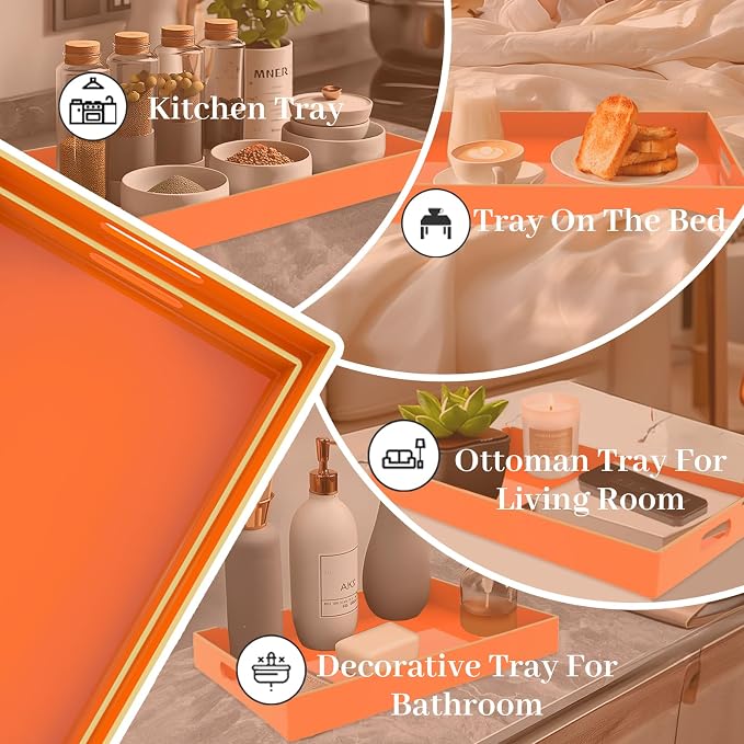 Orange Serving Tray with Handles, Plastic Decorative Tray Set of 2 | Decorative - Image 6