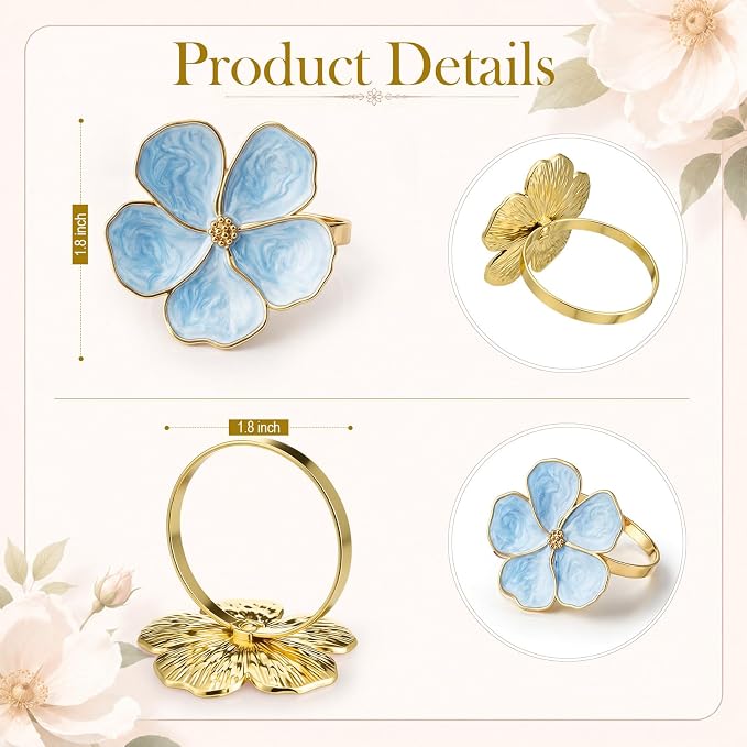 Patelai Set of 12 Blue Flower Napkin Rings Bulk Gold Napkin Ring Holders | - Image 2
