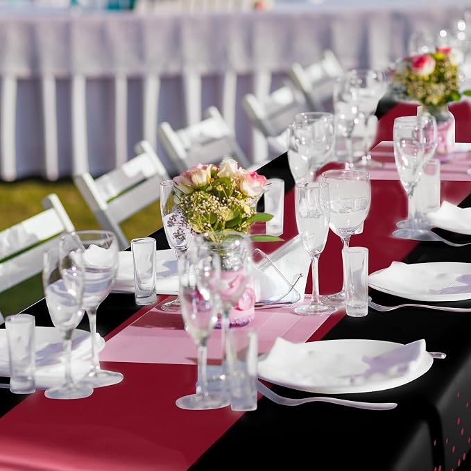 8 Pack Black and Maroon Disposable Plastic Tablecloths and Satin Table Runner - Image 6