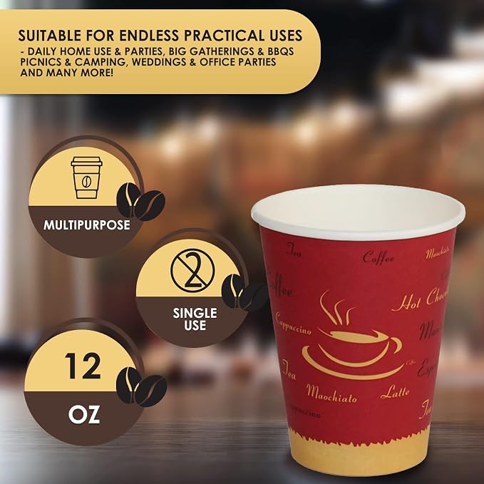 PAMI Disposable Paper Coffee Cups 12 oz, Single-Use, Leak Resistant, 1000 Ct - Image 6