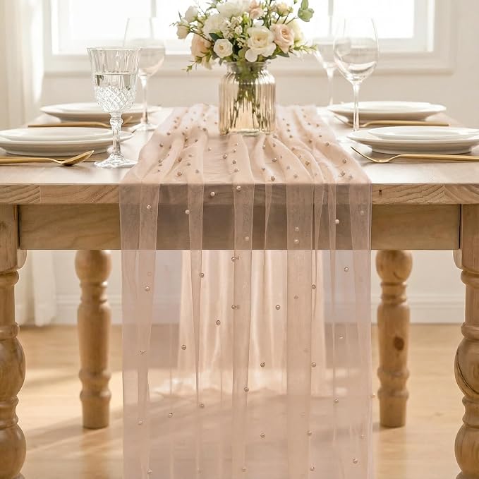 Artoid Mode Pearl Tan Gauze Table Runner 120 Inch 10FT, Seasonal Sheer Dining - Image 2