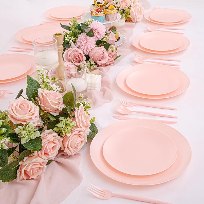 EI 150pcs Pink Plastic Plates Pink Disposable Heavy Duty Plastic Plates - Image 3