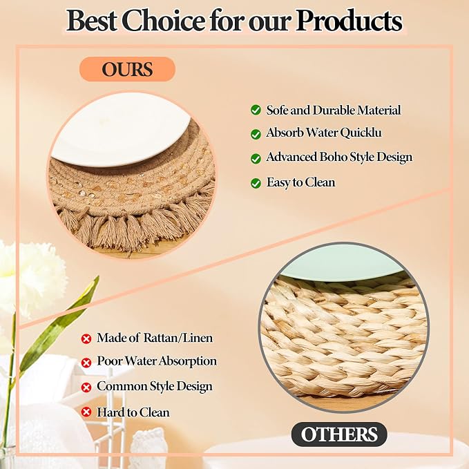 13 Inch Round Cotton Placemat Set of 4 Boho Placemats Table Mats Woven Washable - Image 5