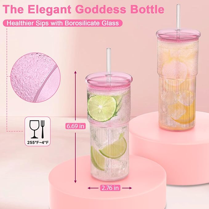 Luiaiog Glass Cups with Lids and Glass Straws, High Borosilicate 20OZ Pink - Image 4