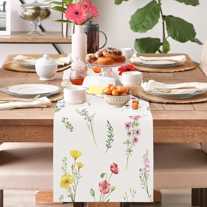 Bonhause Spring Floral Table Runner 13x72 Inch Purple Pink Wildflower Leaves - Image 2