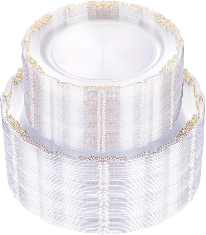 U-QE 100PCS Clear Gold Plastic Plates by U-QE