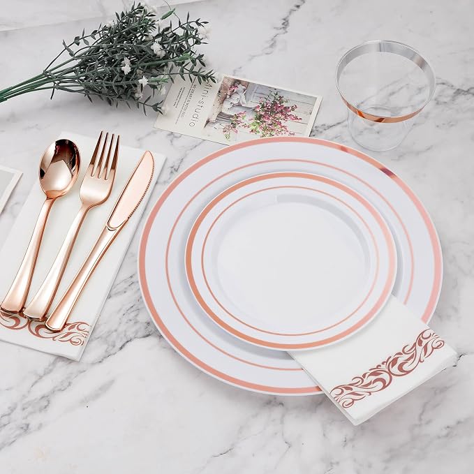 BESTVIP 700 PCS Rose Gold Disposable Plastic Dinnerware Set - Image 3