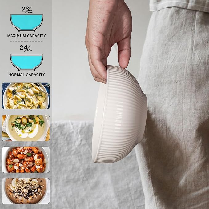 Ceramic Cereal Bowls 26 oz, Embossment Soup Bowls Set of 4, Dishwasher - Image 5