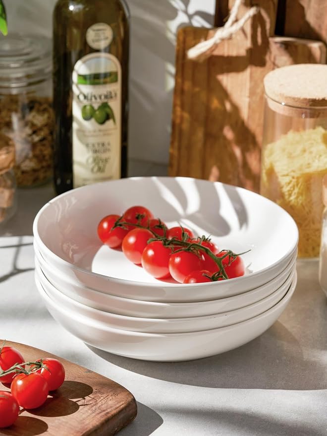 DOWAN 8.5" Pasta Bowls Set of 4, 30oz White Ceramic Shallow Dinner Bowls - Image 5