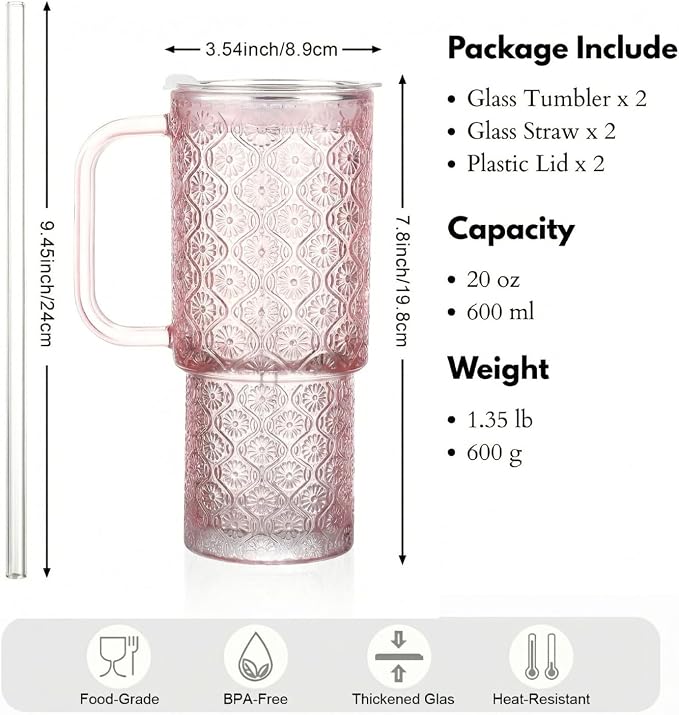 20 oz Pink Glass Tumbler with Lid and Straw, Glass Iced Coffee Cups, - Image 7