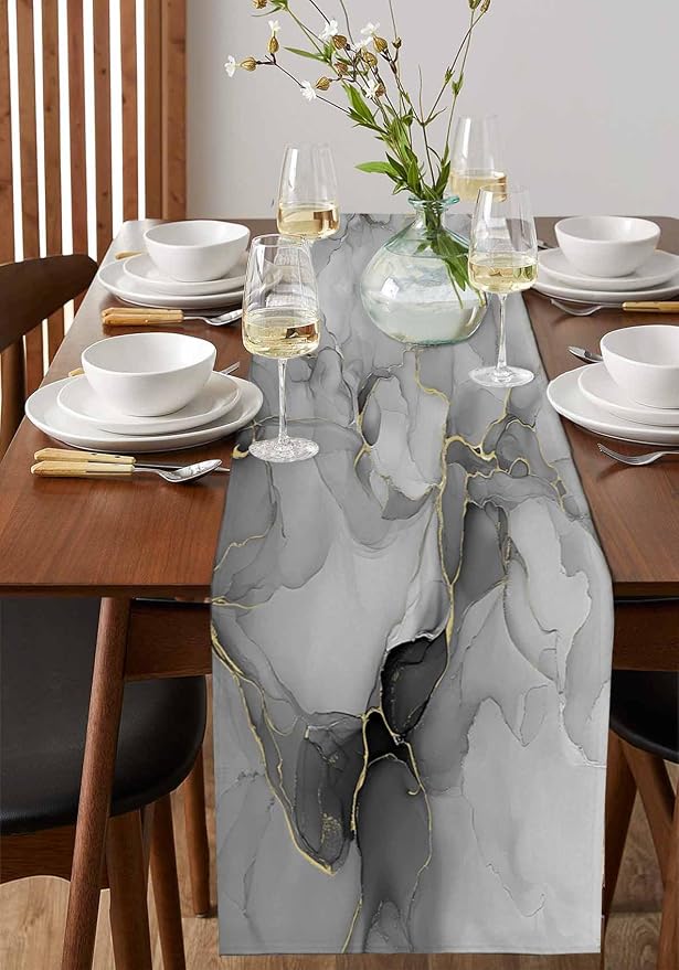 Grey Marble Table Runners 60 Inches Long, Cotton Linen Fabric Table Runner - Image 2