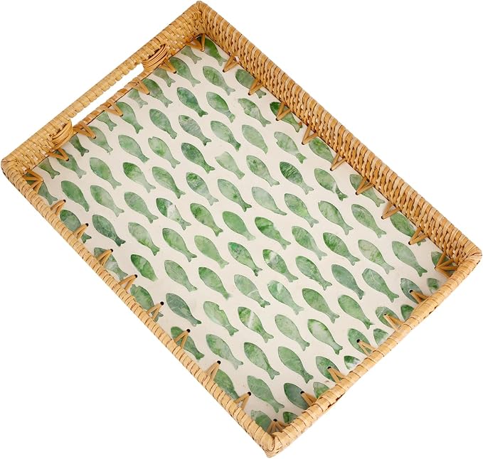Rectangle Rattan Tray with Mother of Pearl Inlay, Rattan Serving Tray with by Tynulox