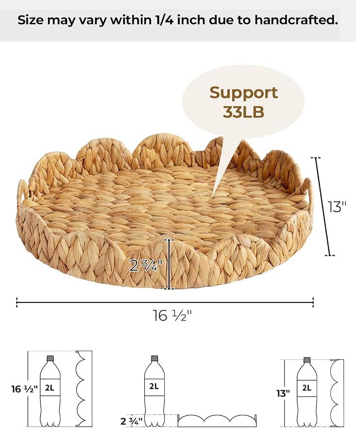 StorageWorks Elliptical Wicker Scalloped Tray, Water Hyacinth Rattan Trays | - Image 2