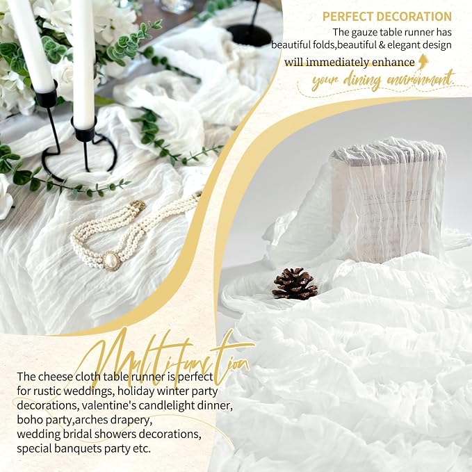 30 Pack Cheesecloth Table Runner 10FT Ivory White Table Runner Boho Gauze - Image 6