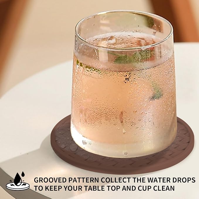 Brown Silicone Coaster with Holder Set of 6, 4 Inch Non-Slip Cup Mats | Round - Image 3