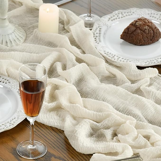 Artoid Mode Boho Cheesecloth Gauze Beige Wedding Table Runner, 120 Inch - Image 6