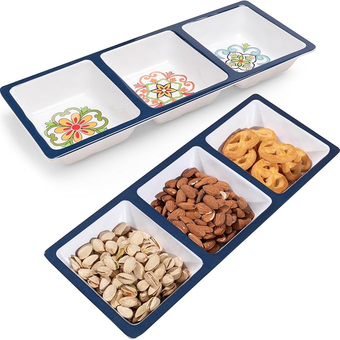 3-Section Divided Serving Trays, Talavera 14.75”x 6” Unbreakable Melamine by ZAROCRUS
