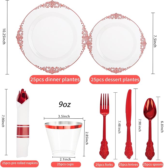 175 Pcs Clear Red Plates for Party | Red Party Plates Set for 25 Guests - Image 5