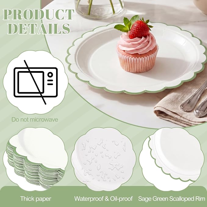 NatNarr 30 Pk Sage Green Plates 7" Scalloped Green White Dessert Cake Plate | - Image 3