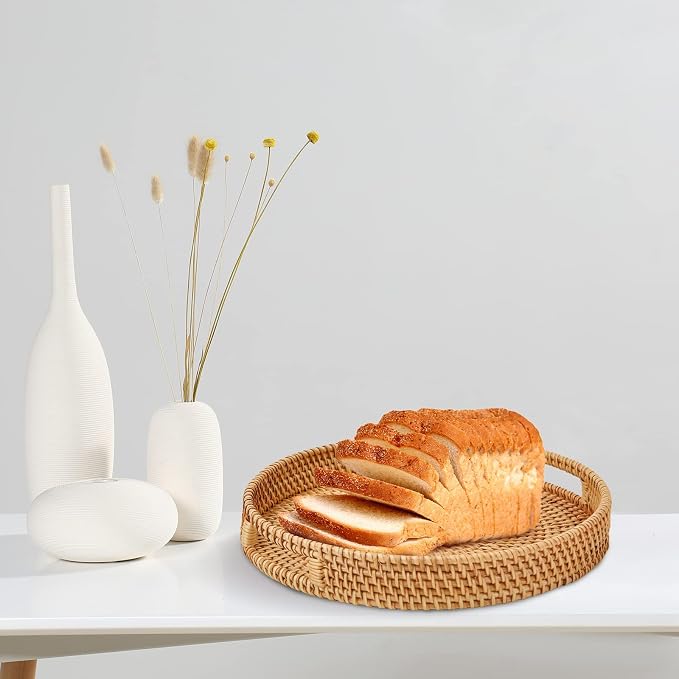 Round Rattan Serving Tray with Handles, 2 Hand Woven Basket, Home Decor - Image 5