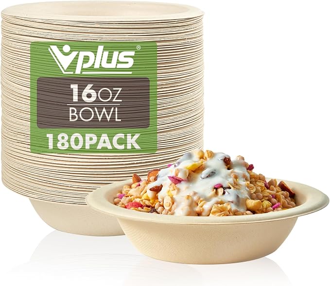 Vplus 200 Pack 16 OZ Compostable Paper Bowls, Bagasse Bowls，Nature | Disposable by Vplus