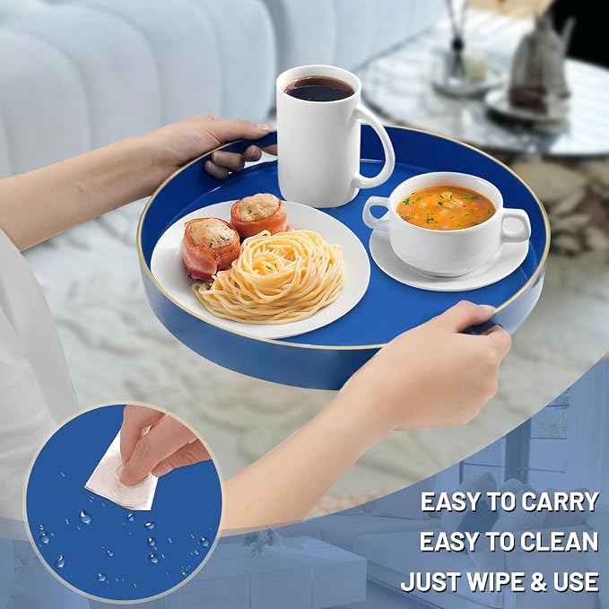 13" Blue Decorative Tray, Plastic Round Serving Tray - Image 4