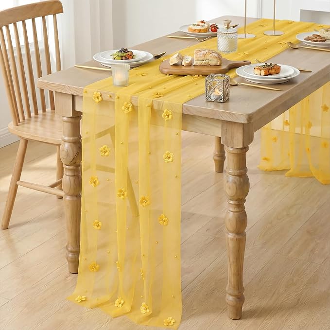 Artoid Mode Yellow Flower Pearl Yellow Gauze Table Runner 10FT 6PC, Seasonal - Image 3