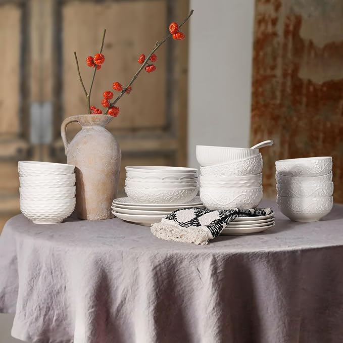 Ceramic Cereal Bowls 26 oz, Embossment Soup Bowls Set of 4, Dishwasher - Image 6