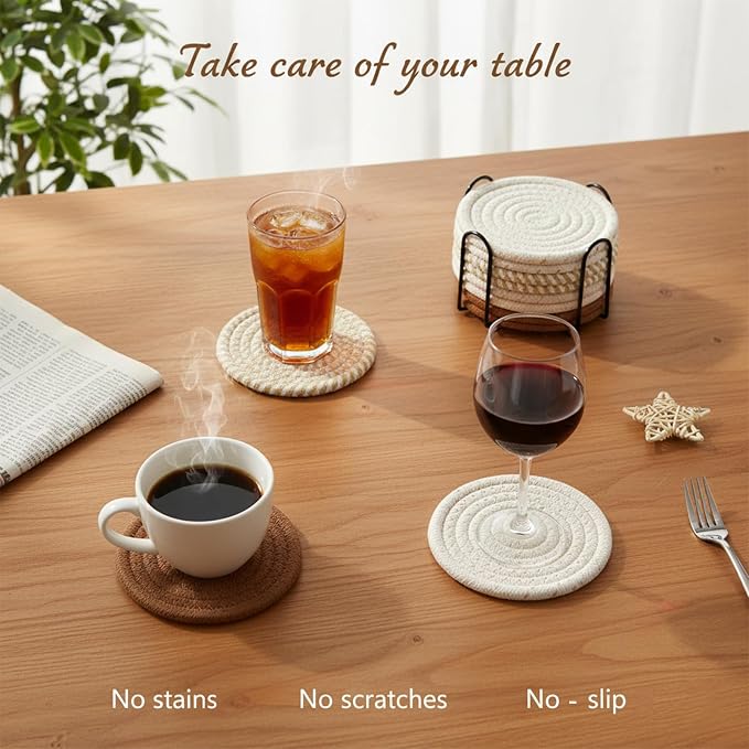 Drink Coasters Set of 8 with Holder, Cotton Woven | Absorbent cotton woven - Image 3