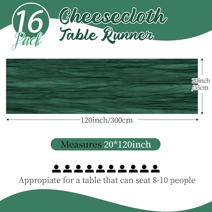 16 Pack Emerald Green Cheesecloth Table Runners 20x120 Inch Gauze Table Runner - Image 2