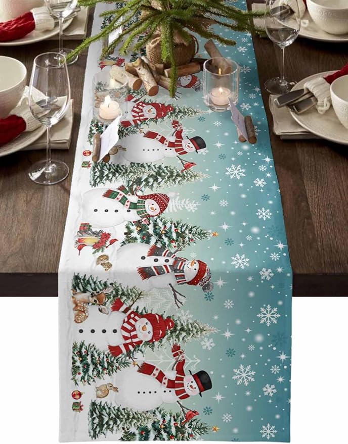 Teal Christmas Snowman Table Runner 36 Inches Long, Xmas Trees Snowflake Table by Unknown