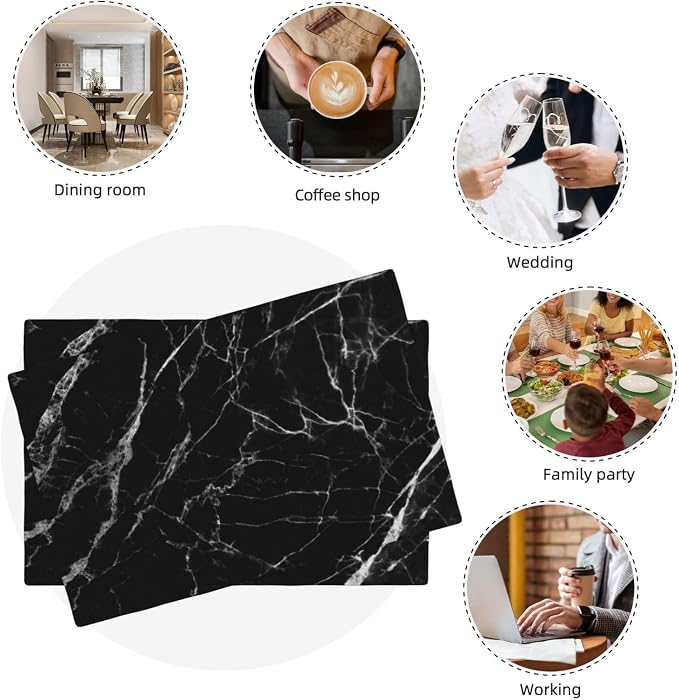 Fiokroo Black with White Marble Placemats Set of 6 Table Mats Table Tableware - Image 3