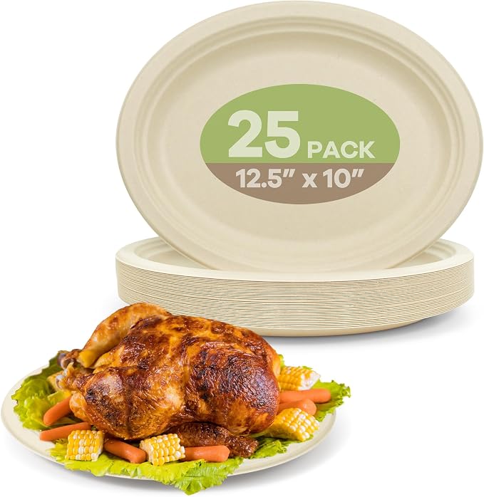 Compostable Oval Paper Plates, 12.5Inch 25Pack Disposable Heavy Duty Bagasse by FEHHTOEco-friendlyLiving