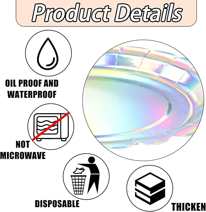 50 Pcs Iridescent Scalloped Paper Plates 25 × 7'' and 25 × 9'' Disposable - Image 4