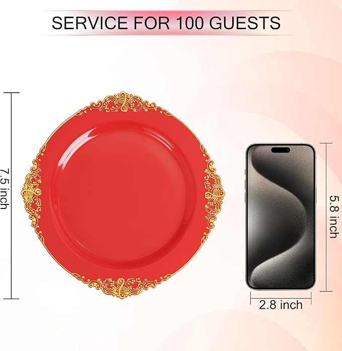 Nervure 100Pcs 7.5'' Red Plastic Plates, Disposable Plates - Image 8