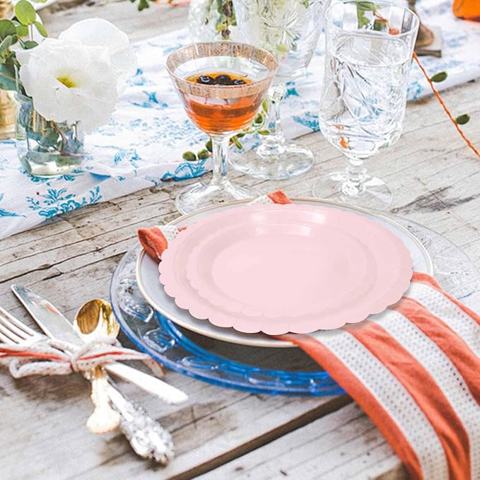 50 Pcs Light Pink Scalloped Paper Plates 25 × 7'' and 25 × 9'' Disposable Pink - Image 7