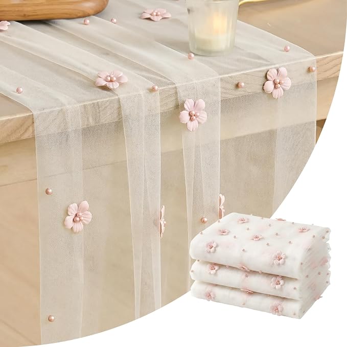 Artoid Mode Pink Flower Pearl White Gauze Table Runner 10FT 3PC, Seasonal Sheer by ArtoidMode
