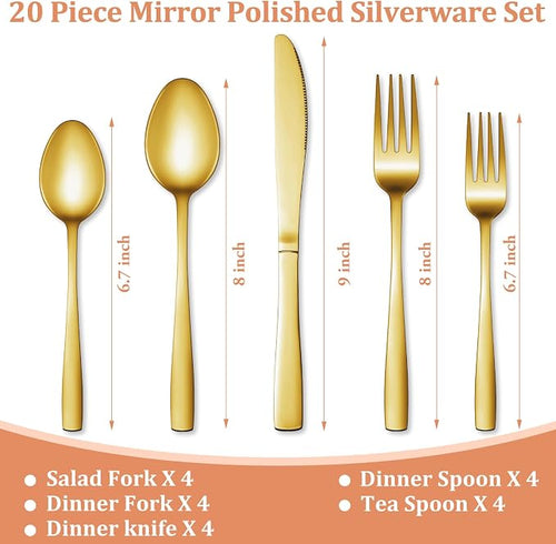 20 Pcs Gold Silverware Set, Stainless Steel Flatware Set - Image 2