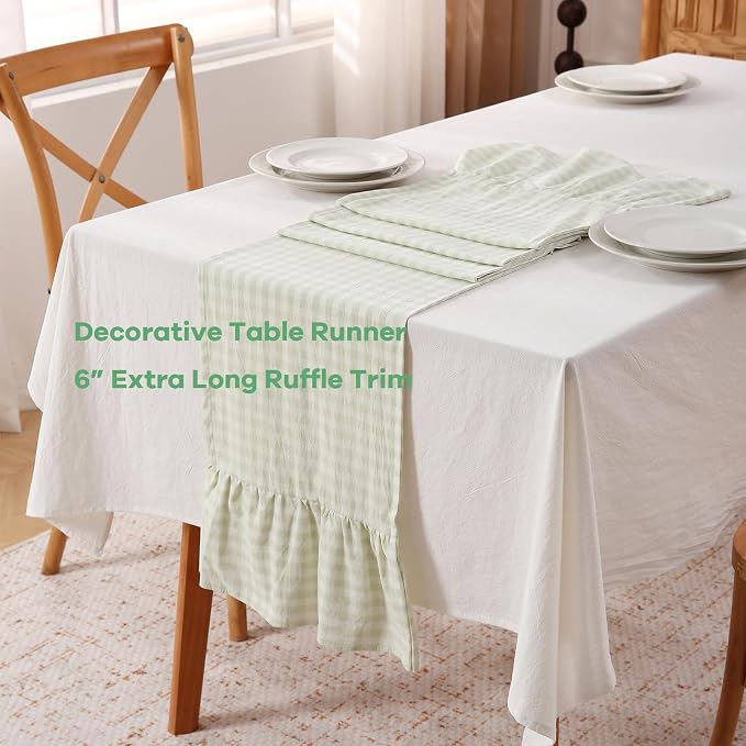 Pile Green White Plaid Gingham Ruffle Table Runner 108 inches Long 100% Washed - Image 3