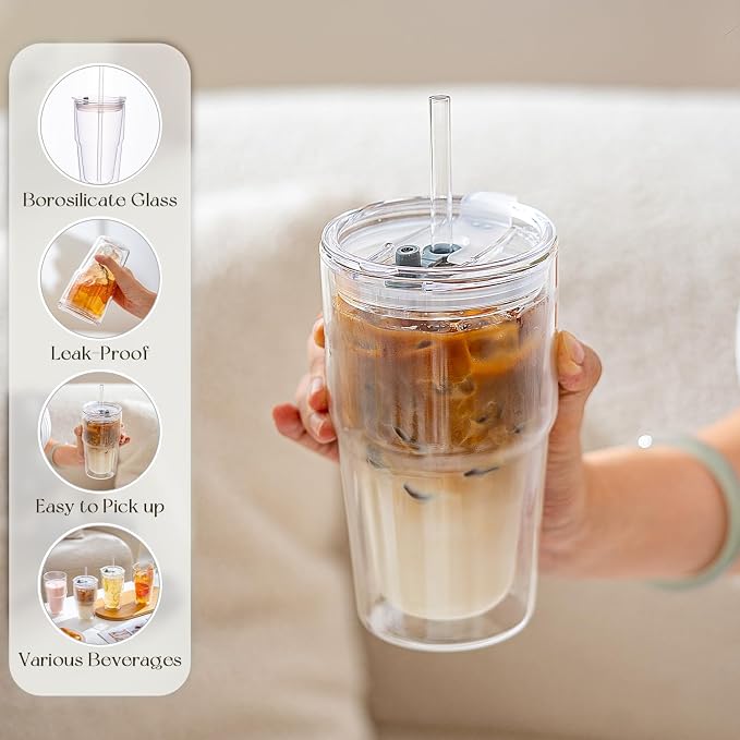 KEMORELA Set of 4 Double-Walled Glass Cups, 16 oz / 480 ml Insulated Tumblers - Image 4