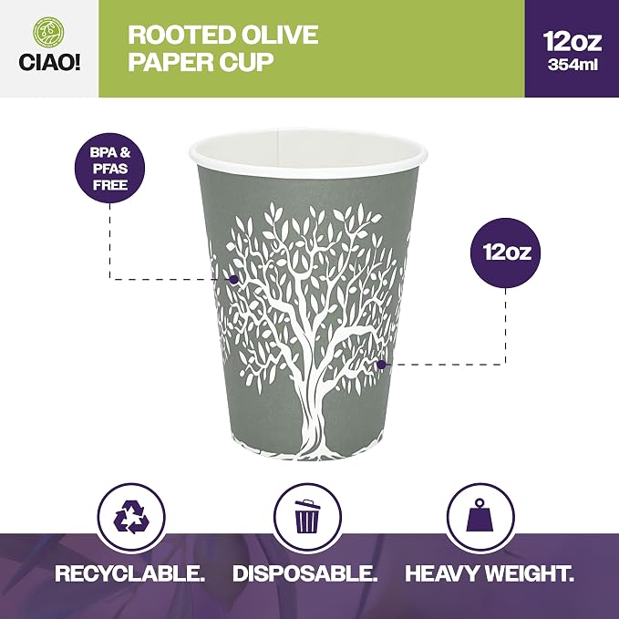 CIAO! 12oz Paper Hot Cup, Rooted Olive Print - Image 2