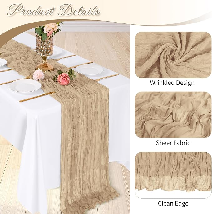 6 Pack Beige Cheesecloth Table Runner, 17 x 108 inch, Semi Sheer Boho Cheese - Image 4