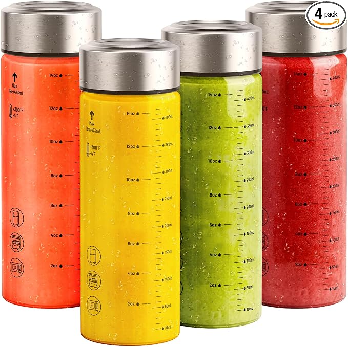 Sursip Wide Mouth Borosilicate Glass Juice Bottles 16oz 4 Pack by Sursip%C2%AE