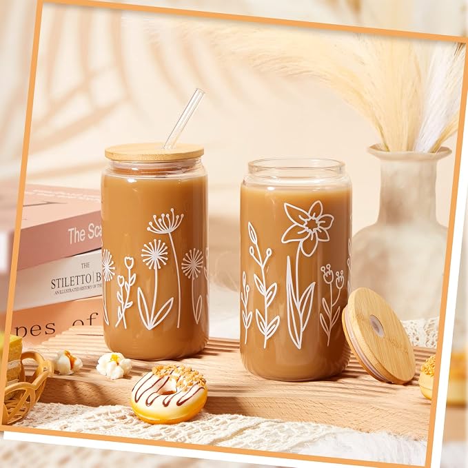 Mumufy 24 Pack Glass Cups Gift Aesthetic Cute Glass Cup Tumbler Flower Iced - Image 3