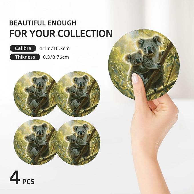 Koala Leaves Pattern Coasters for Drinks Absorbent Round Ceramic Coasters Set - Image 3